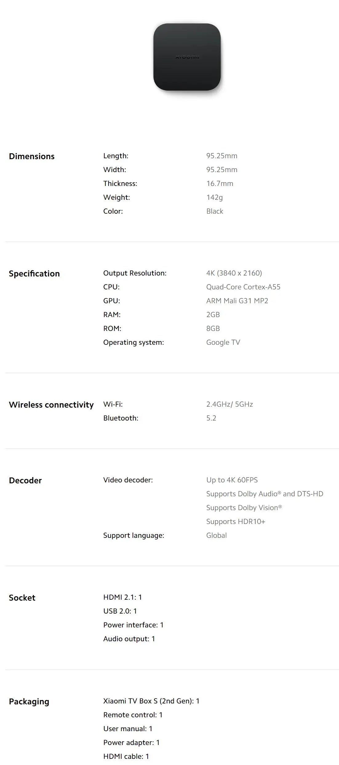 Xiaomi TV Box S 2nd Gen, Google TV smart tv Box, 4K Ultra-HD Quad-core Processor Dolby Vision HDR10+ Google Assistant,BT 5.2