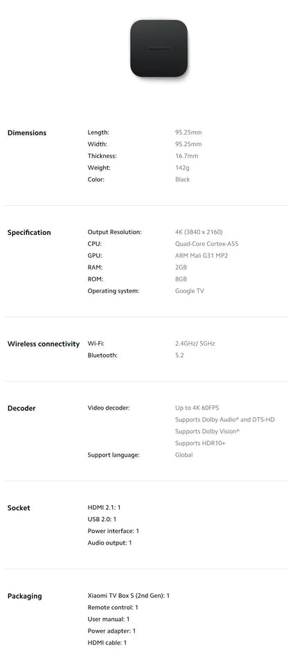 Xiaomi TV Box S 2nd Gen, Google TV smart tv Box, 4K Ultra-HD Quad-core Processor Dolby Vision HDR10+ Google Assistant,BT 5.2