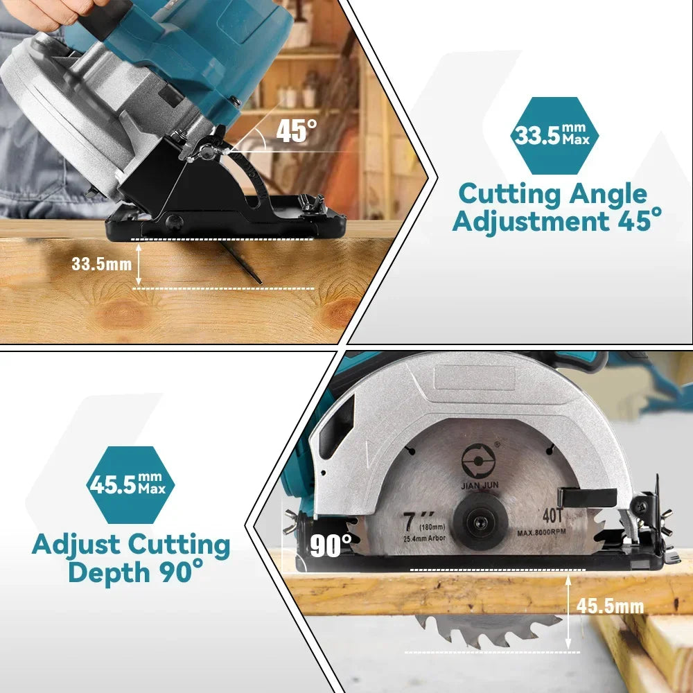 Sierra circular eléctrica sin escobillas Yofidra de 7 pulgadas y 180 mm, 10800 RPM, herramienta de corte inalámbrica y eficiente para carpintería, compatible con batería Makita de 18 V. 