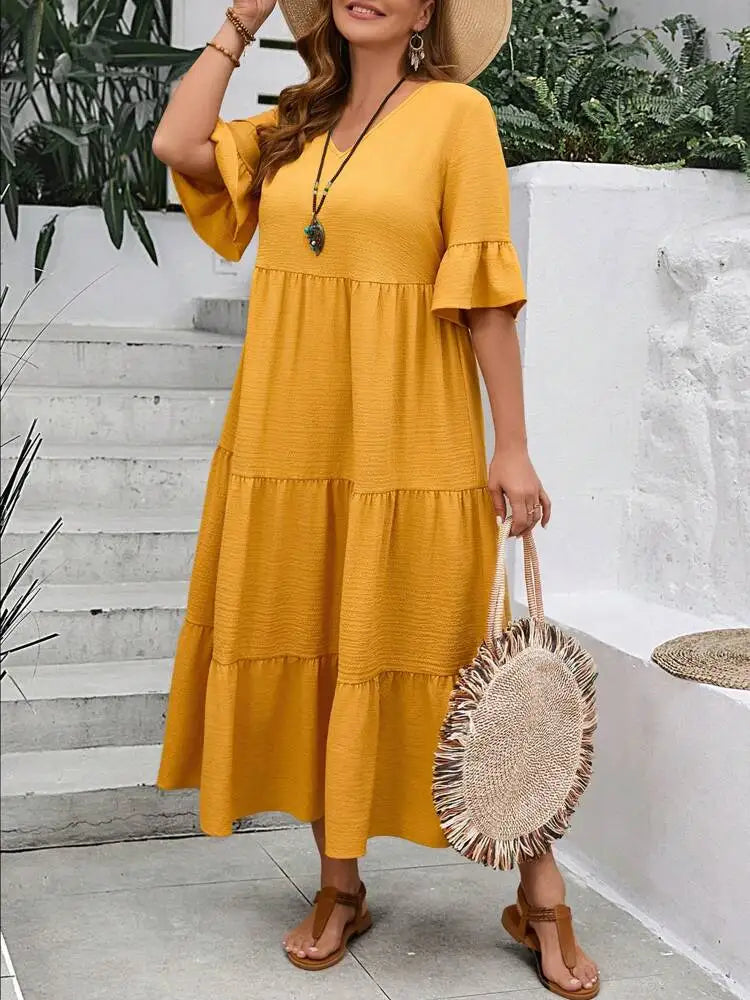 Vestido largo de talla grande, multicolor, con escote en V grande, nuevo, primavera y verano de 2024 