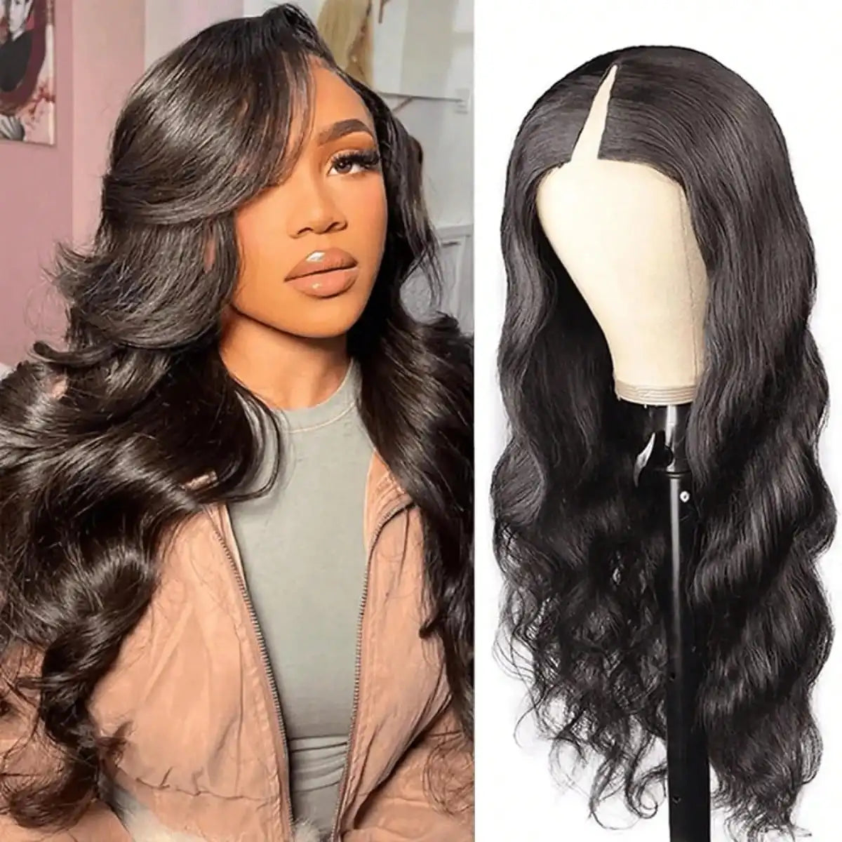 Peruca V-part cabelo humano ondeulado body wave-sem cola glueless
