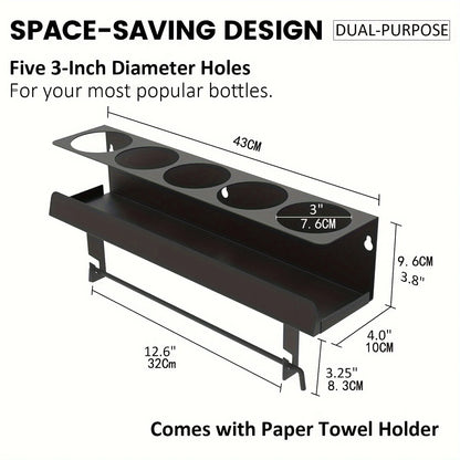 Aerosol Spray Can Holder with Paper Towel Rack - Wall-Mounted 5 Can Organizer for Garage, Workshop, Kitchen & Home Storage