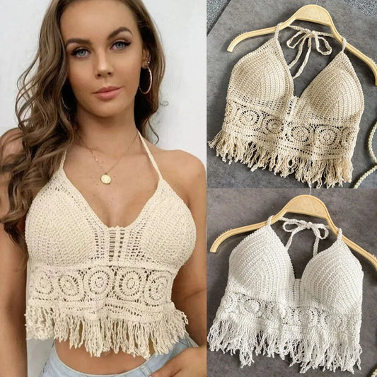 Women's Boho Fringe Backless Halter Tie Neck Underwear Outerwear Vest Short Tank Top with Neck Hanging Embroidery Tassel Suspender