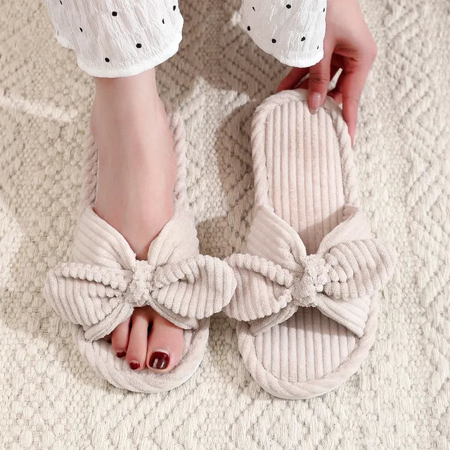 Pantuflas de terciopelo con lazo para mujer, suaves e informales, para otoño e invierno, con diseño de espiga, antideslizantes y ligeras de EVA. 