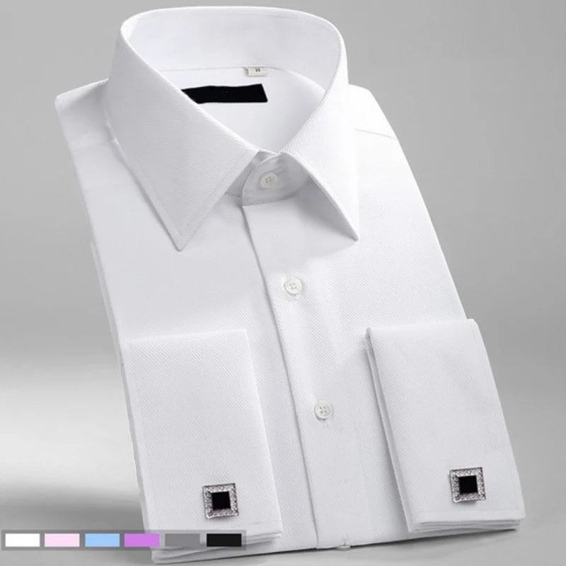 Camisa clásica de vestir para hombre con puños franceses, corte estándar, manga larga, para bodas, fiestas, oficina, trabajo, color blanco