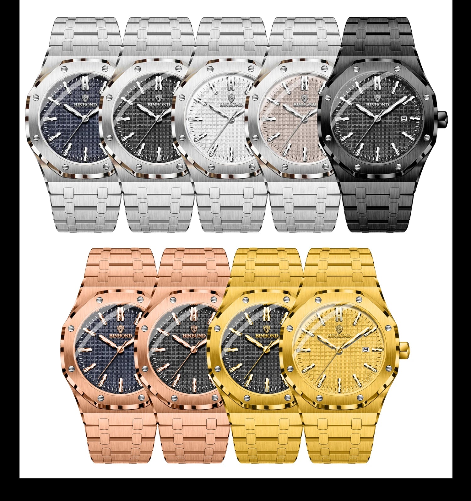 BINBOND Sturdy Stainless Steel Strap Quartz Wristwatches for Men Luxury Luminous Waterproof Auto Date Accurate Men's Watch Reloj