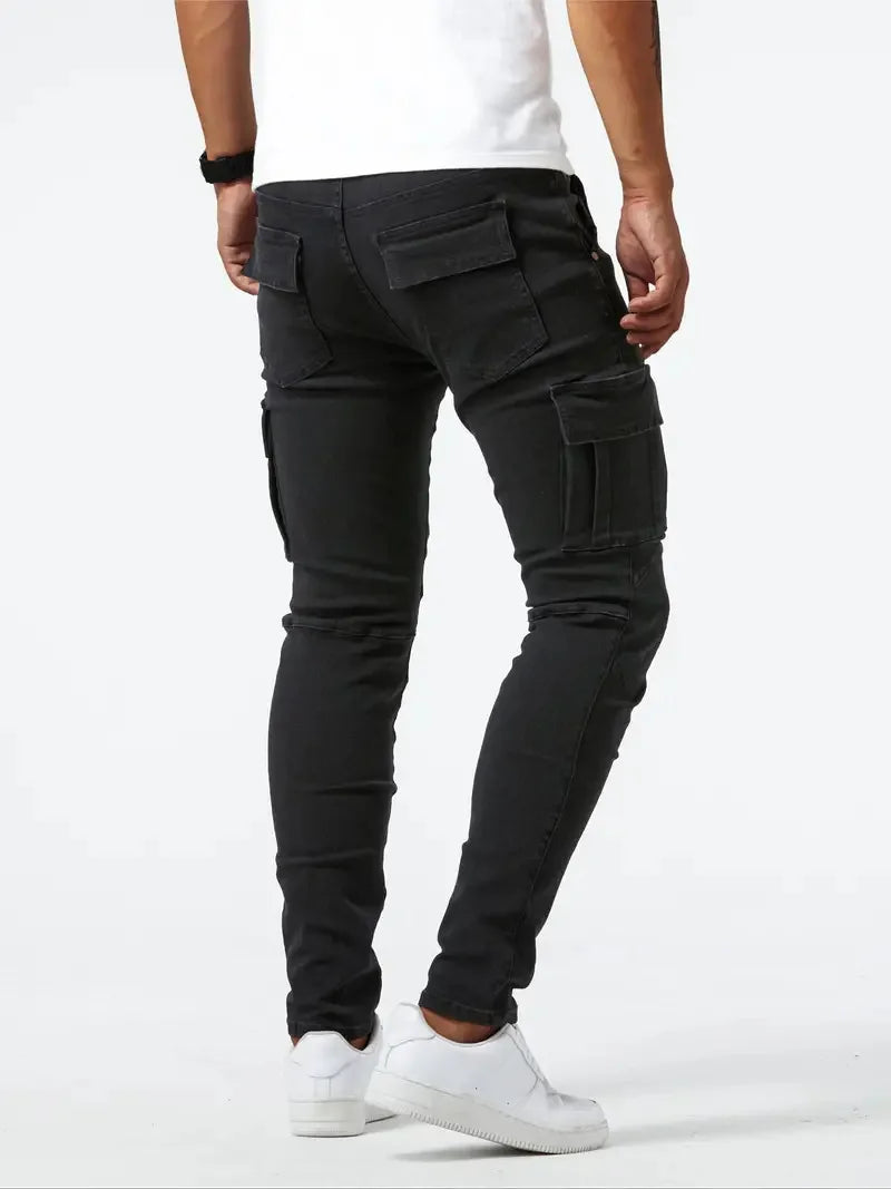 Street men's denim work pants washed solid color multi pocket casual mid waist pants slim fit daily wear jogging pants
