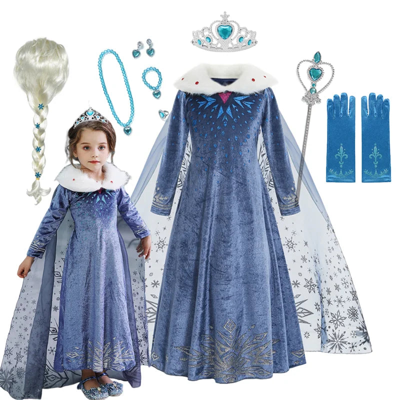 Vestido da Elsa para Menina – Fantasia de Princesa para Festa de Aniversário e Inverno, Cosplay de Frozen, Vestido de Manga Longa – Rainha da Neve