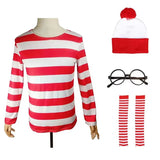 Wheres Waldo Cosplay Striped Shirt Youth Kids Wally Costume Shirt Glasses and Hat Socks Unisex Adults Christmas Cosplay Costumes