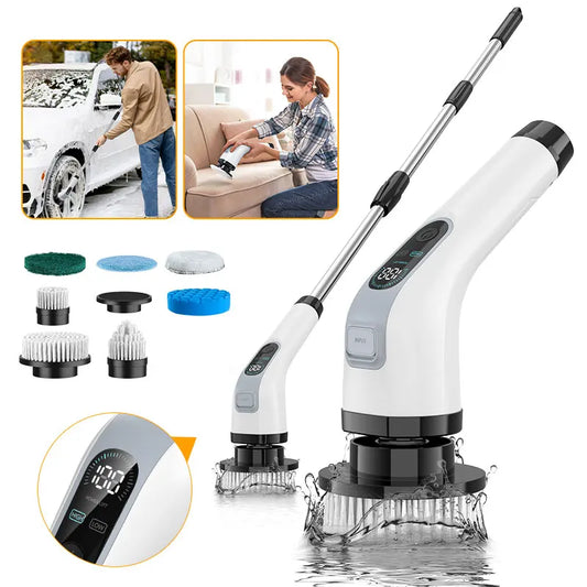 Cordless electric cleaning brush, portable, shower, rotary scrubber, multifunctional, with 7 heads, bathroom, kitchen
