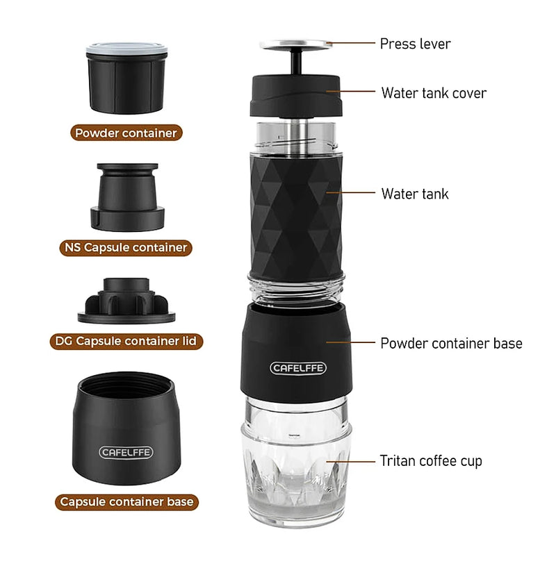 Cafelffe 3 In1 Portable Coffee Machine Hot/Cold Water Manual Espresso Maker For Capsule & Ground Hand Press Brewer hiking Travel