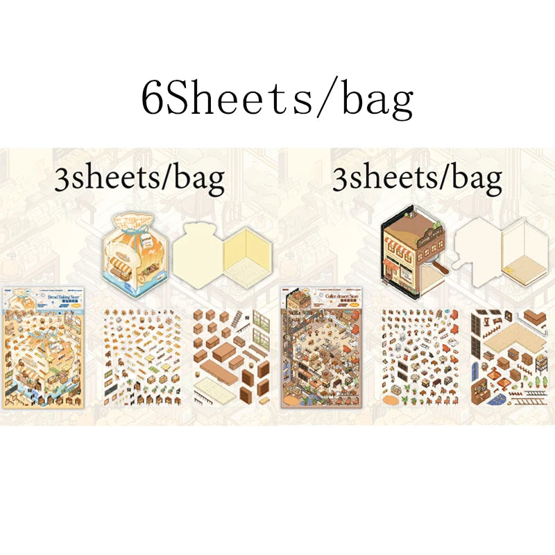 Mr. Paper 6Pcs/bag miniature store series folding scenic stickers visual stacking stickers stationery for DIY Journal, Scrapbook