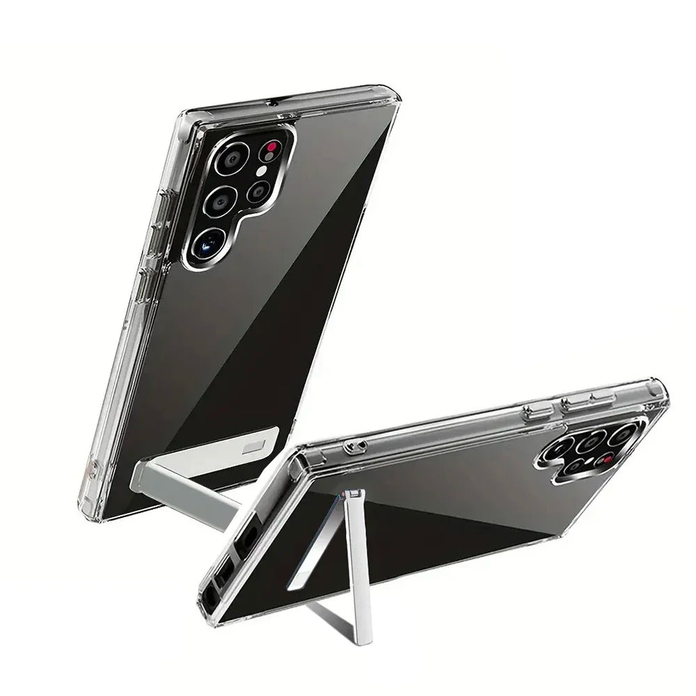 Clear Mobile Phone Case for Samsung Galaxy S25 S23 22 Ultra FE Plus with Metal Kickstand Transparent Stand Cases Slim Back Cover