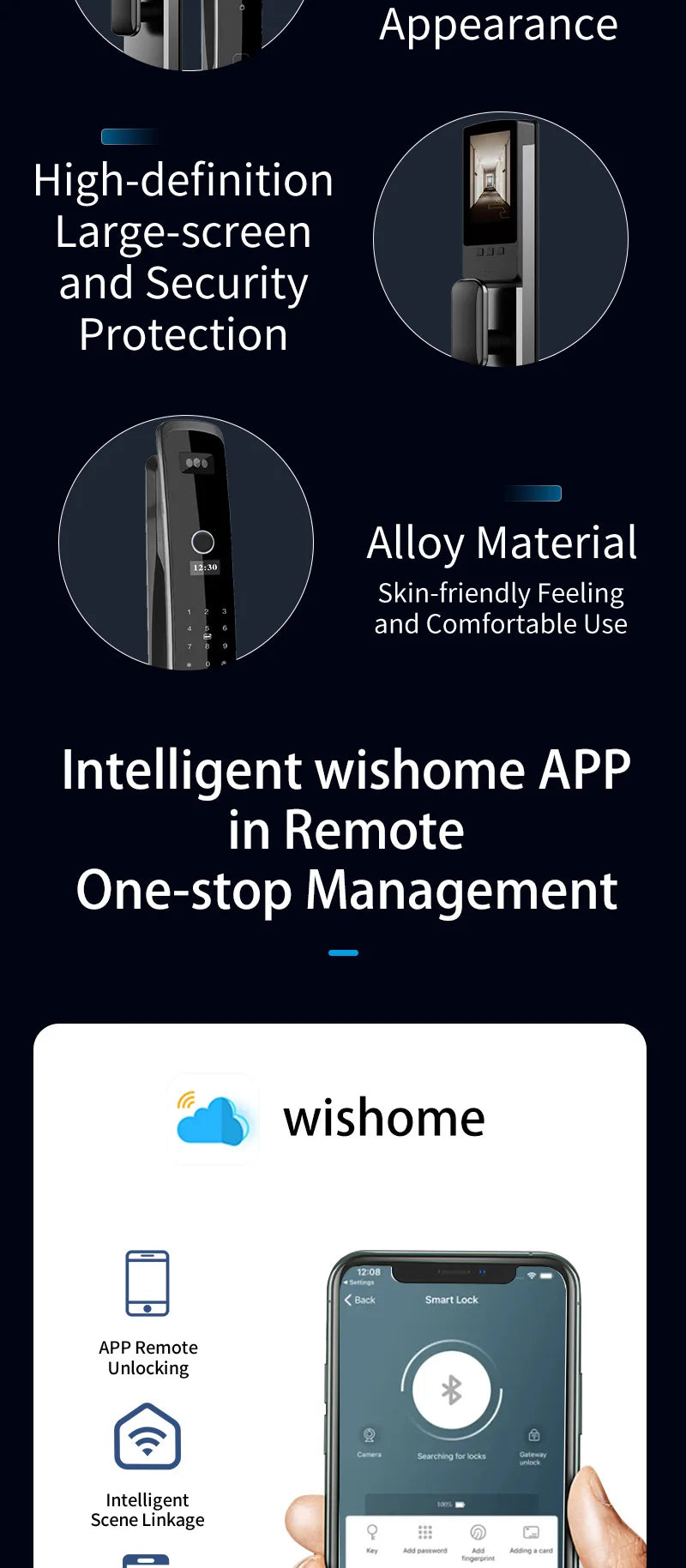 Wishome Biometric Recognition Smart Door Lock remote control Fingerprint Password IC Card APP Wifi Lock Unlock