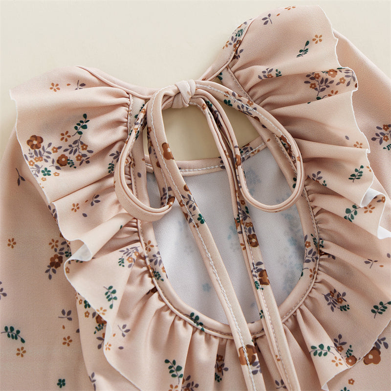 Kids Baby Girl Summer Swimwear Floral Print Backless Ruffles Long Sleeve Bodysuit Bathing Suit Girls Beachwear 0-4 Years