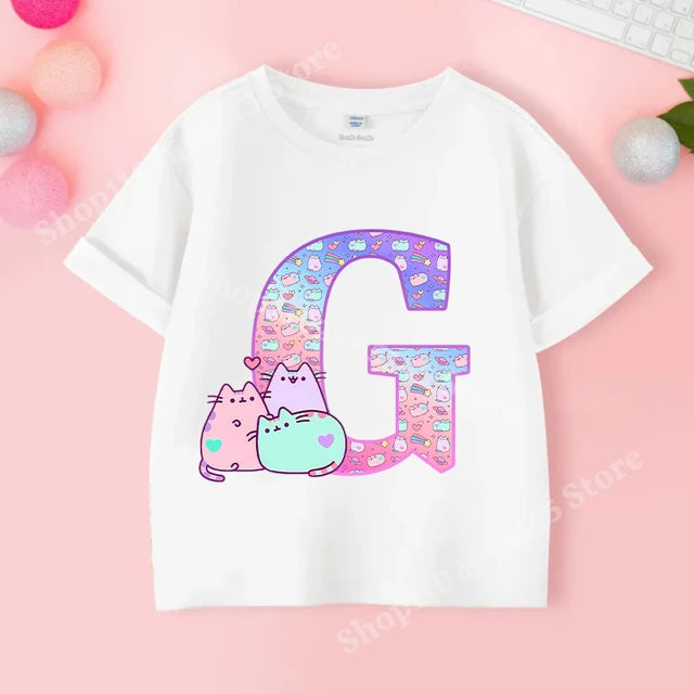 Pusheens-manga curta t-shirt para as meninas de a a z, anime gato, roupas de verão, esporte ao ar livre, novo, presente para as crianças, venda especial