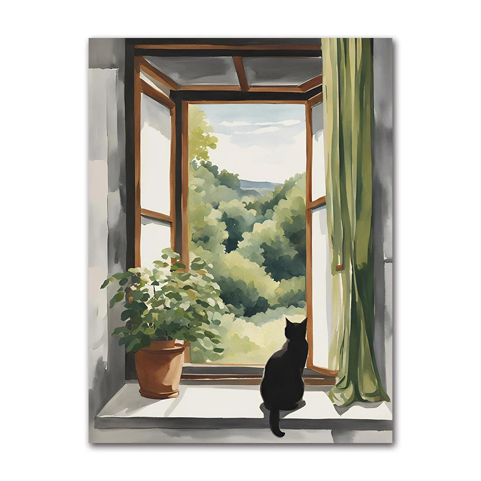 Cute Cats Pop Illustration Prints Canvas Painting Aesthetic Wall Art Pictures Home Room Dec Abstract Black Cat Drawing Poster