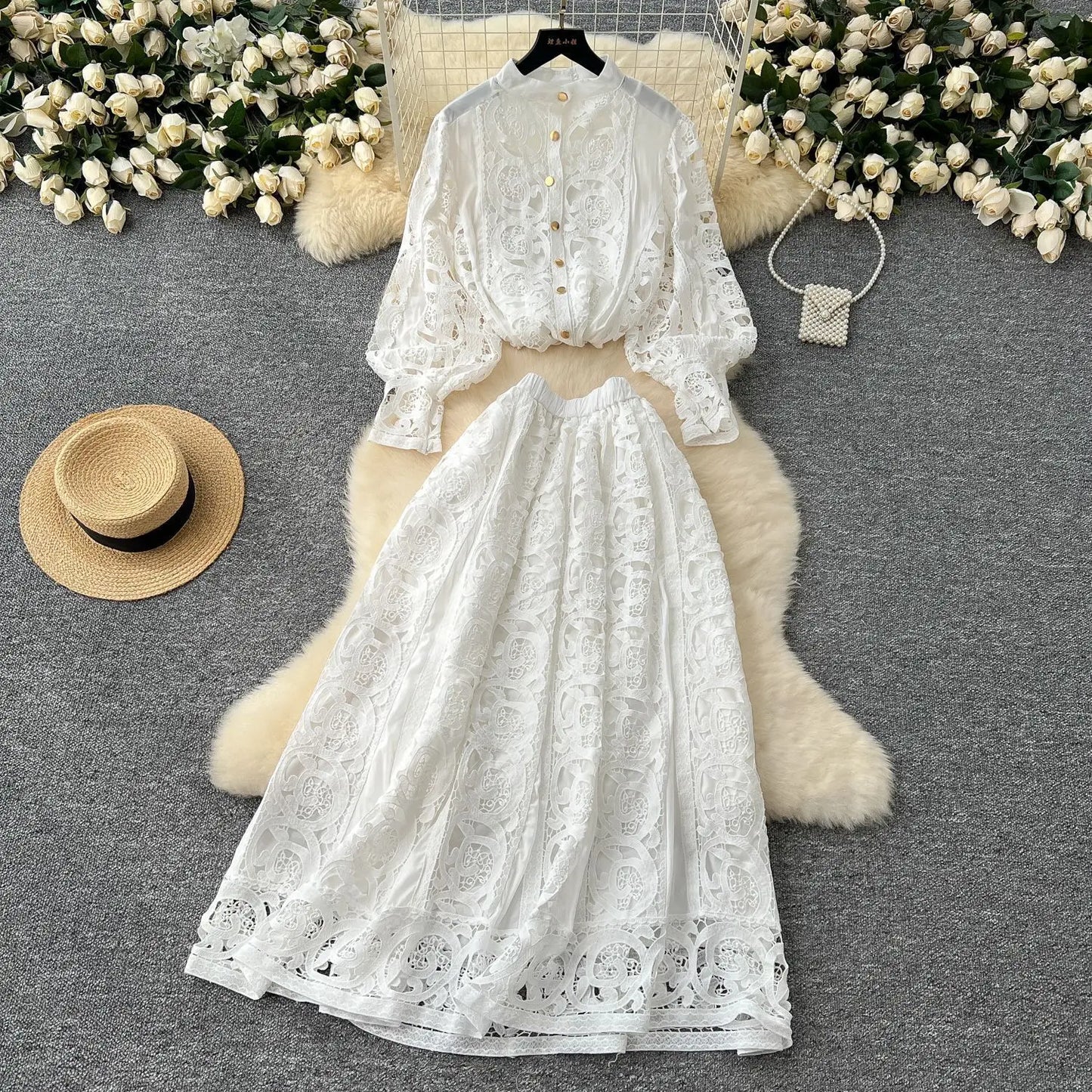 Autumn Crochet White Lace Embroidery 3 Pieces Sets Women Dress Suits Hollow Out Loose Shirt Top Elastic Waist Maxi Skirt Suit