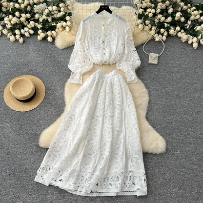 Autumn Crochet White Lace Embroidery 3 Pieces Sets Women Dress Suits Hollow Out Loose Shirt Top Elastic Waist Maxi Skirt Suit