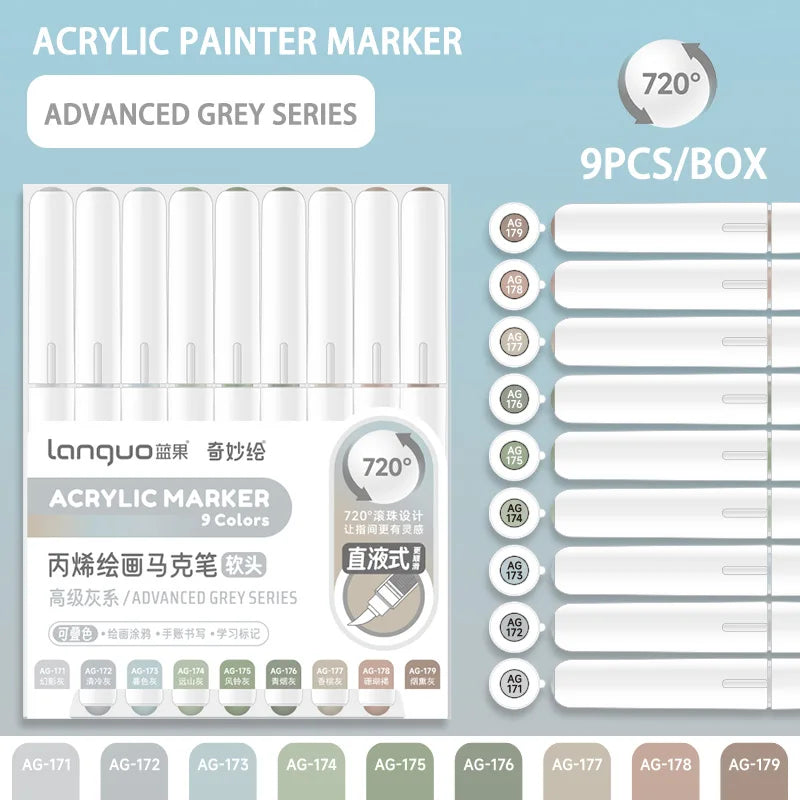 Languo 9pcs/box Soft Brush Acrylic Marker Pen Set，DIY Hand Drawn,Paint Art Markers pens,Student Graffiti Acrylic Paint Pens,M720