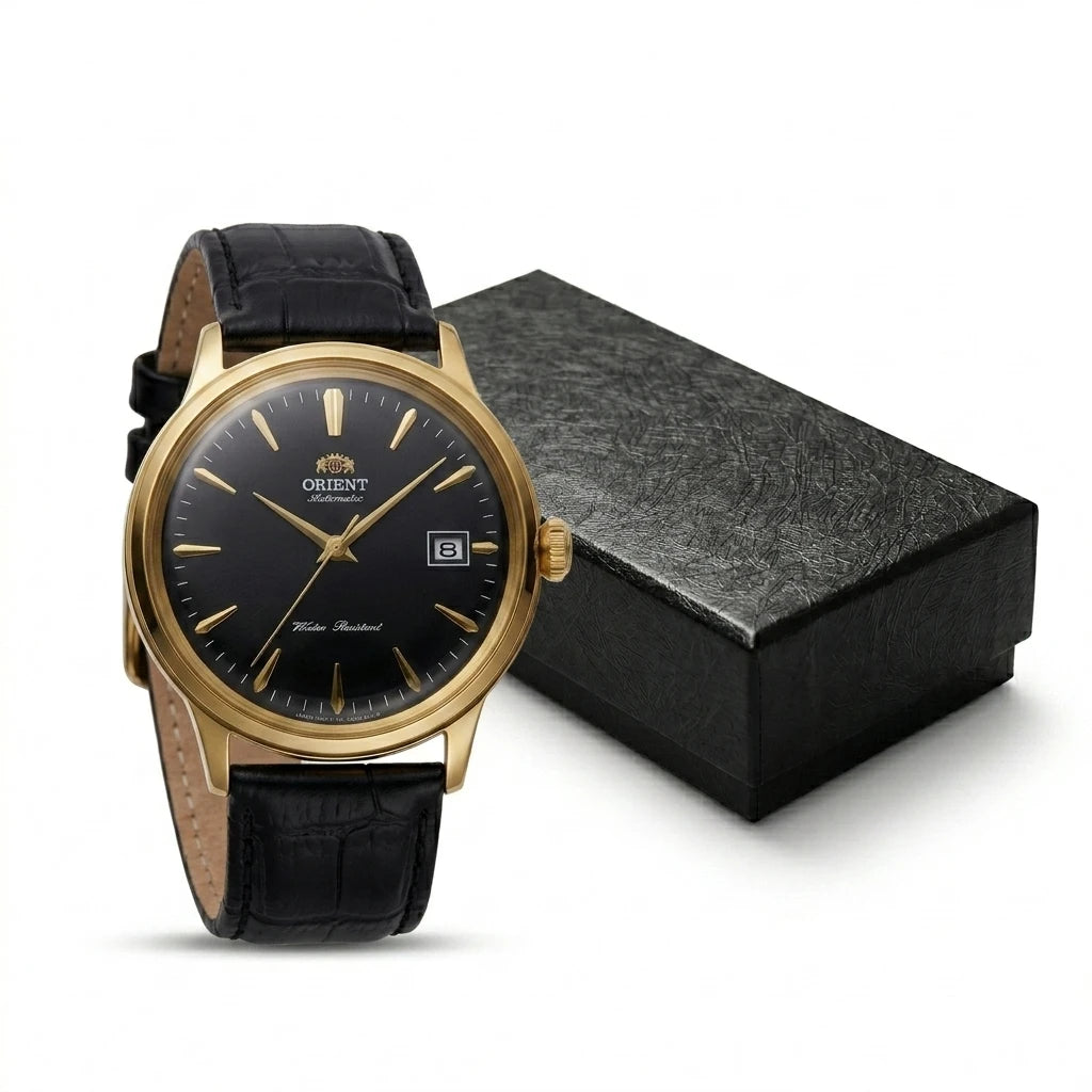 Relógio masculino automático vintage com pulseira de couro caixas dourada