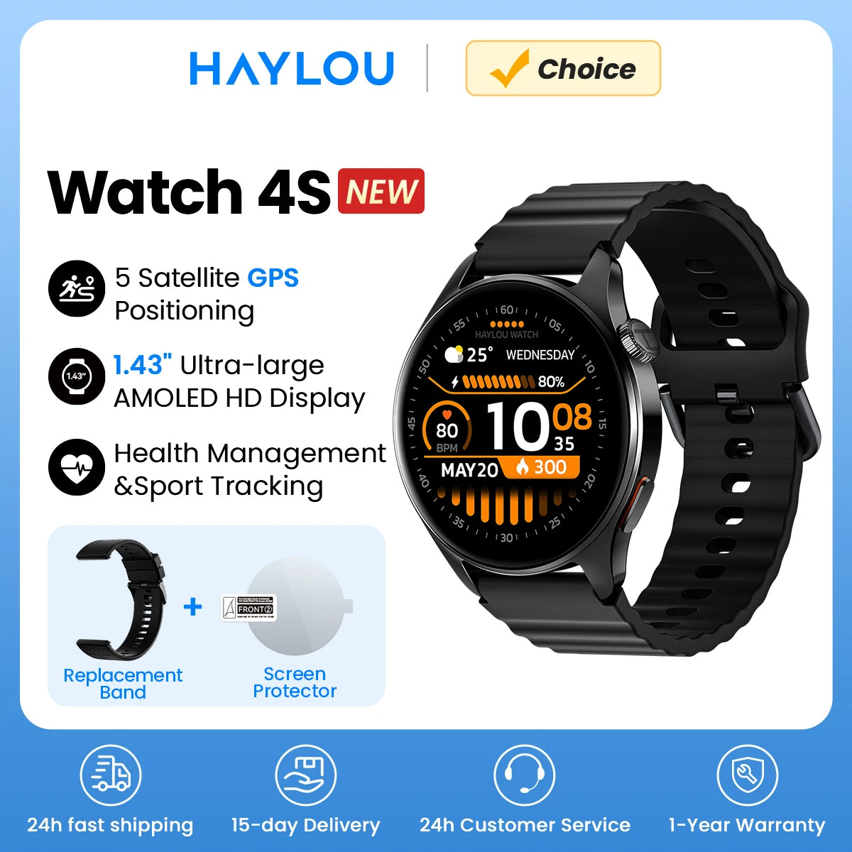 HAYLOU Watch 4S(HF012) GPS Smartwatch 1.43” HD AMOLED 5 Satellite GPS Positioning 120+ Workout Modes Sport Fitness Smart Watch