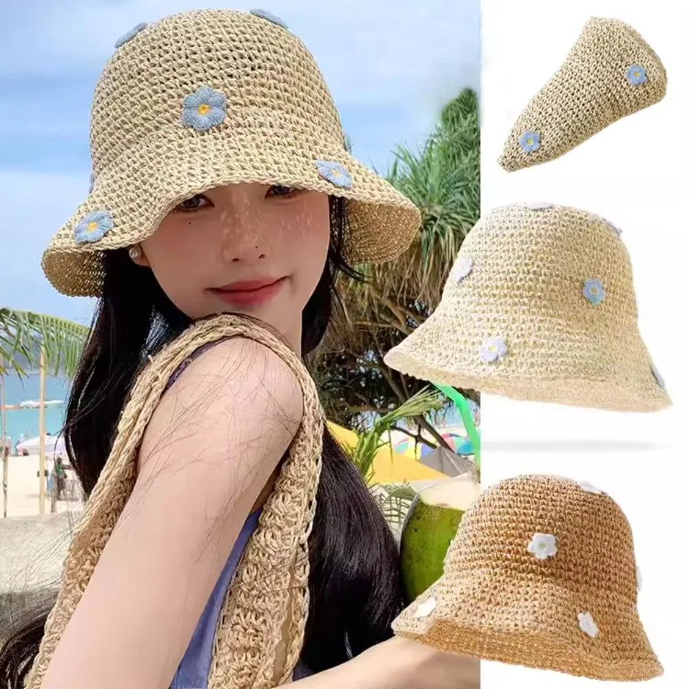 Lovely Foldable Straw Hat Sun Protection UV Protection Panama Cap Little Flowers Breathable Fisherman Cap Summer Bucket Hat