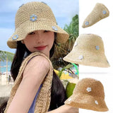 Lovely Foldable Straw Hat Sun Protection UV Protection Panama Cap Little Flowers Breathable Fisherman Cap Summer Bucket Hat