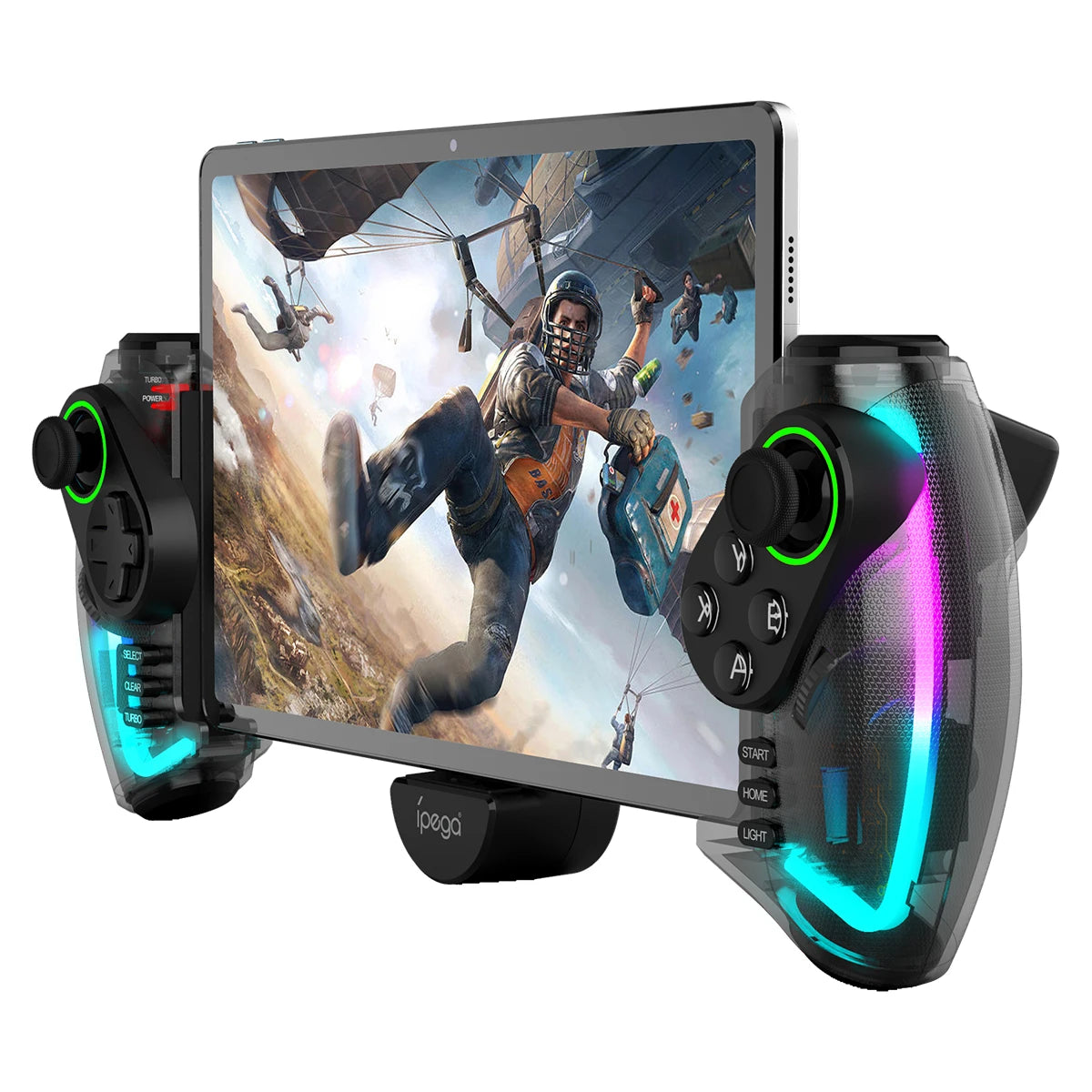 Mando Bluetooth Ipega PG-9777S para Nintendo Switch, Android, iOS, iPad y PC con luz RGB, vibración lineal y control extensible.