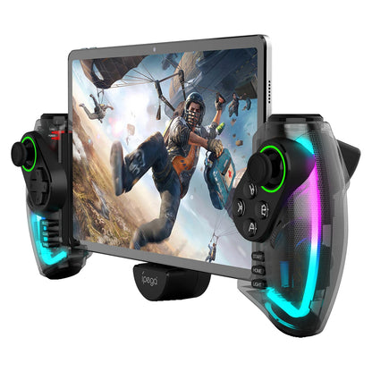 Mando Bluetooth Ipega PG-9777S para Nintendo Switch, Android, iOS, iPad y PC con luz RGB, vibración lineal y control extensible.