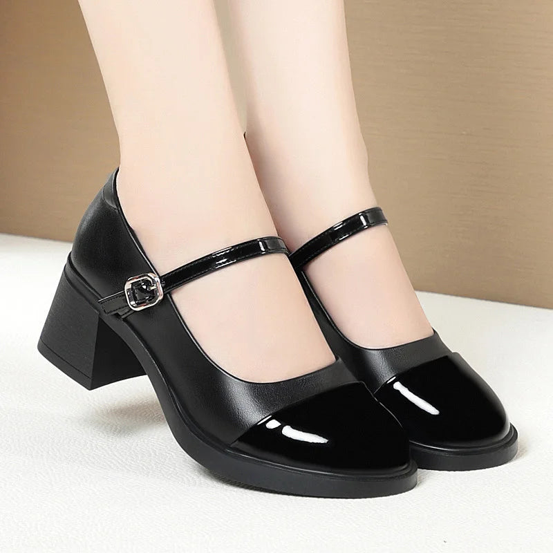 Women Shoes 2024 New Fashion Retro Round Toe Soft Leather Casual Mary Jane Shoes Shallow Mouth Waterproof Platform Shoes