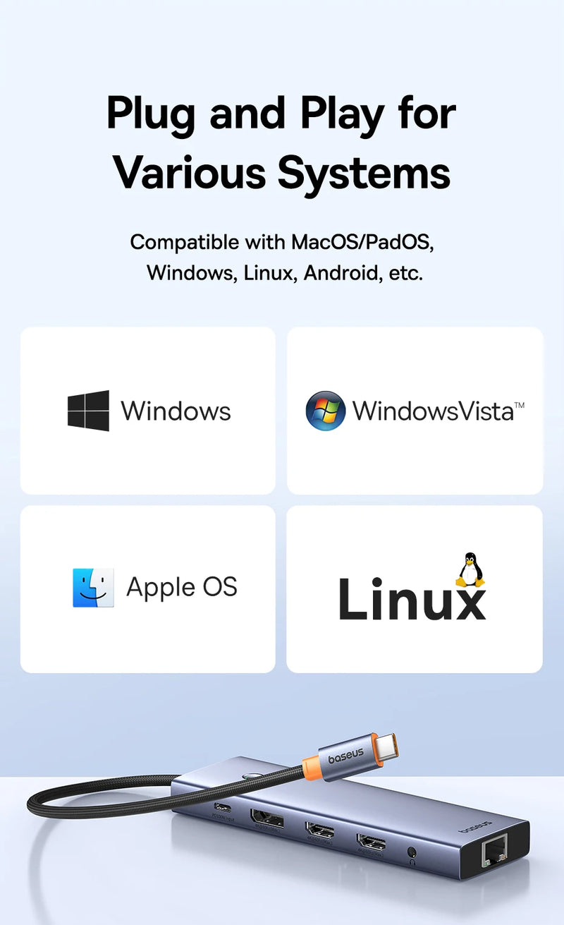 Baseus USB Hub DP 4K Dual HDMI Adapter 11 in 1 Splitter RJ45 USB 3.0 PD 100W Docking Station for MacBook Pro Air M2 M1 USB C HUB