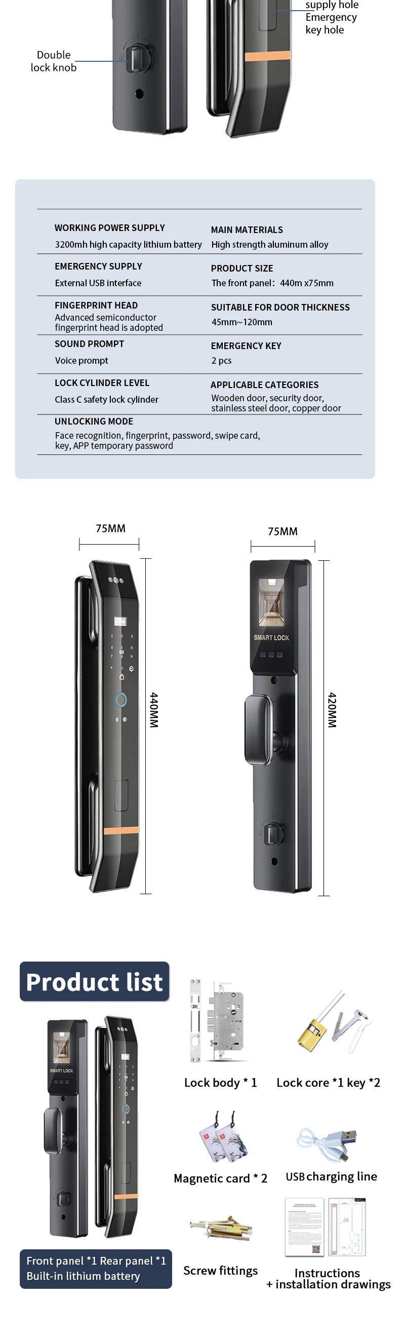 3D Face Smart Door Lock Biometric Recognition Fingerprint Password IC Card APP Wifi Lock Unlock for Home House Apartment