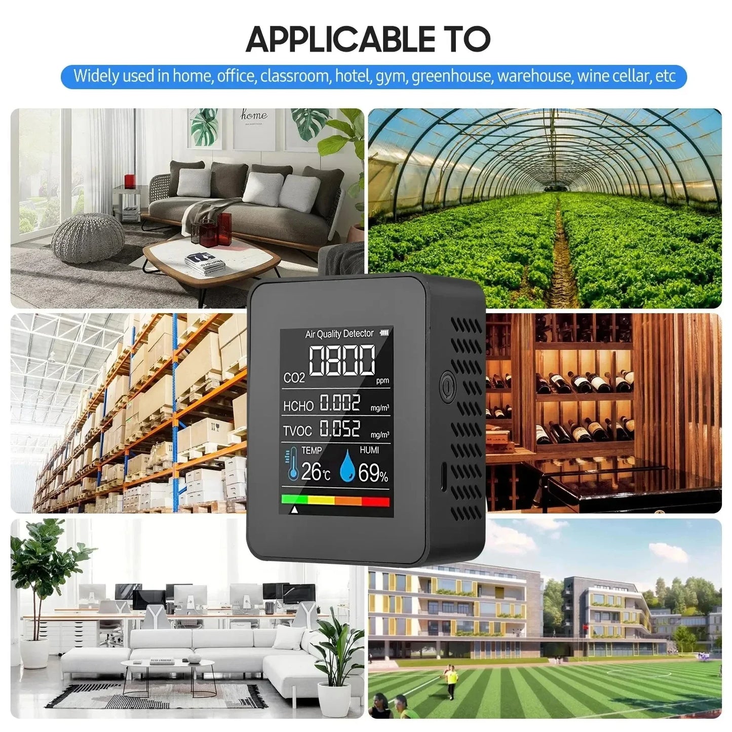 5 in 1 Digital Air Quality Monitor CO2 HCHO TVOC Humidity and Temperature Monitor CO2 Tester LCD Rechargeable