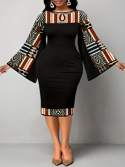 Tamanho grande vestido elegante, tamanho grande, impressão geométrica, gola redonda, mangas queimadas, slim fit elegante, slim fit, elegante