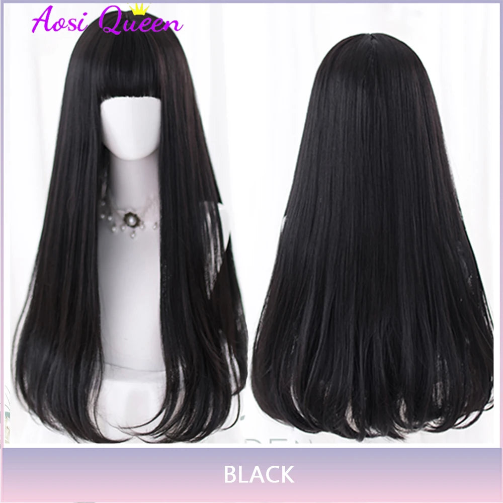 AS Long Straight Black Synthetic Wig For Women With Bangs Black Cosplay Lolita Wigs Heat Resistant Natural Hair