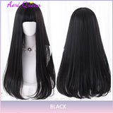 AS Long Straight Black Synthetic Wig For Women With Bangs Black Cosplay Lolita Wigs Heat Resistant Natural Hair