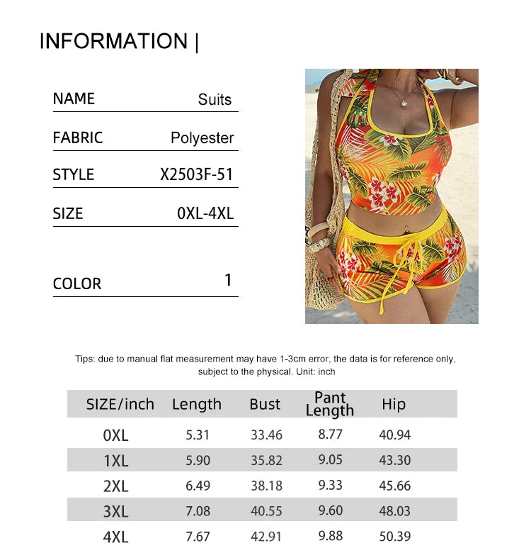 Ladies plus Size Tropical Vacation Fashion Print Tie-Neck Top And Sporty Casual Printed Shorts Two-Piece Set