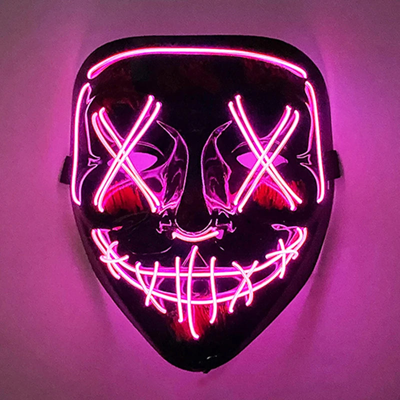 Artigos para Festa de Halloween 2026: Máscara LED Luminosa Estilo "Uma Noite de Crime" (Purge) com Luz Neon EL Sem Fio – Máscara de Rosto Inteiro para Cosplay Adulto (Brilha no Escuro)