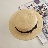 COKPanama Simple Summer Beach Sun Protection Bowknot French-Style Small Hat, Women's Casual Flat-Brimmed Straw Hat with Bow
