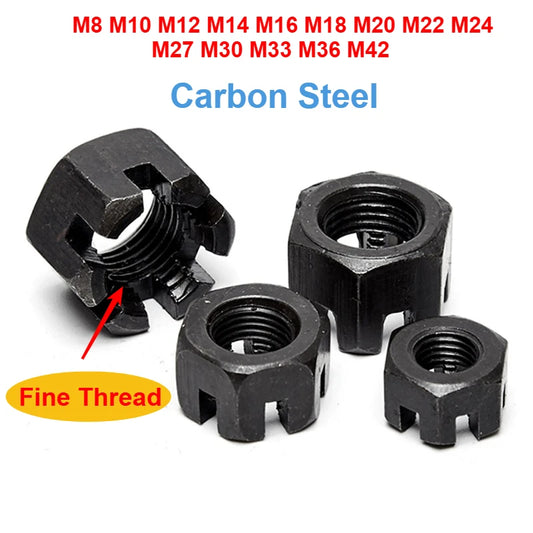 GB58 Fine Thread Carbon Steel Black M8~M42 Slotted Round Lock Hexagon Head Hex Slotted Castle Crown Nut Hexagon Slotted Nuts
