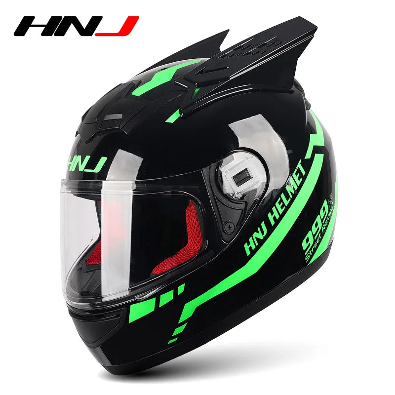 HNJ Men Motorcycle Helmet Women Full Face Helmet Riding Personality Horn Pink Helmet DOT Certification Motorcycle Helmet