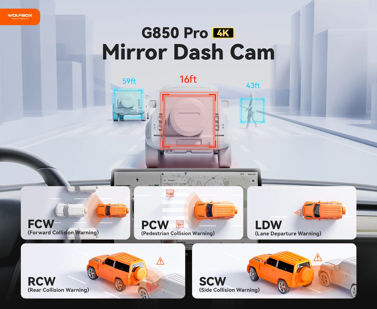 WOLFBOX G850 PRO 4K WiFi Mirror Dash Cam with ADAS and BSD 5.8GHz WiFi Voice Control Car DVR Rearview Mirror 12inch