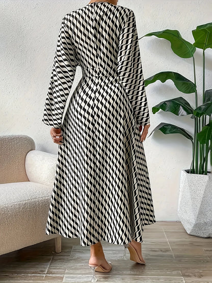 Plus size elegant autumn and winter geometric printed V-neck long sleeve waist dress elegant temperament office staff wear