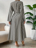 Vestido de talla grande elegante para otoño e invierno, estampado geométrico, cuello en V, manga larga, cintura, temperamento elegante, ropa para personal de oficina