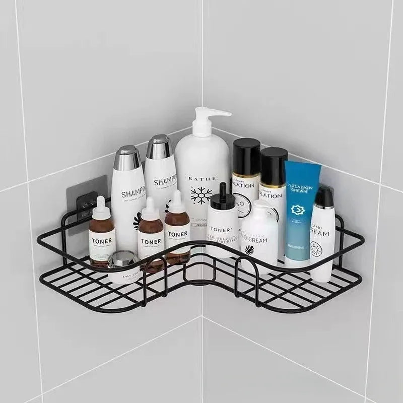 Estante organizador de baño de esquina, estantes de almacenamiento de esquina montados en la pared, soporte para champú, estante para cosméticos, cesta de drenaje de ducha de hierro