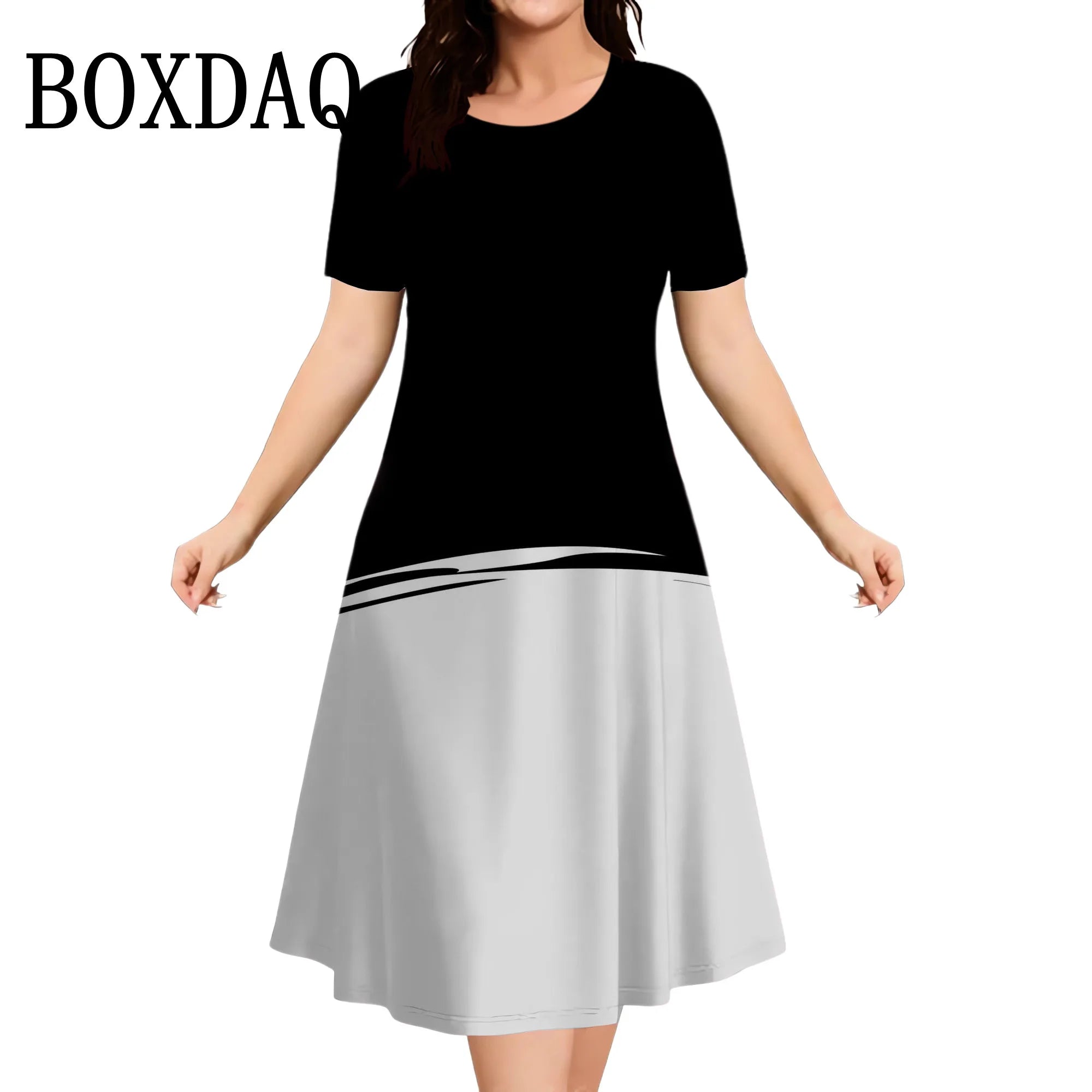 2025 Summer Women Dress Fashion Plus Size Short Sleeve Dress Black White Contrast Color Loose A-Line Dress Big Size 9XL Clothing