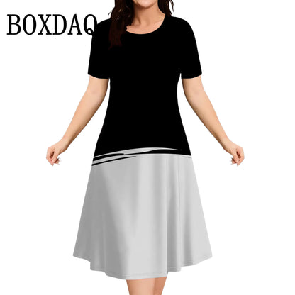 2025 Summer Women Dress Fashion Plus Size Short Sleeve Dress Black White Contrast Color Loose A-Line Dress Big Size 9XL Clothing