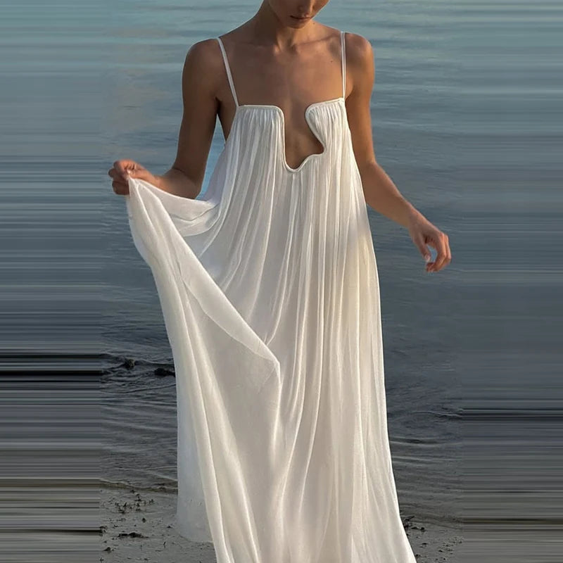 Lady Sexy Solid Color Deep V-neck Dress Elegant Suspender Beach Vacation Dress New Summer Chic Sleeveless Backless A-line Dress