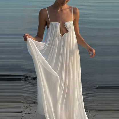 Lady Sexy Solid Color Deep V-neck Dress Elegant Suspender Beach Vacation Dress New Summer Chic Sleeveless Backless A-line Dress